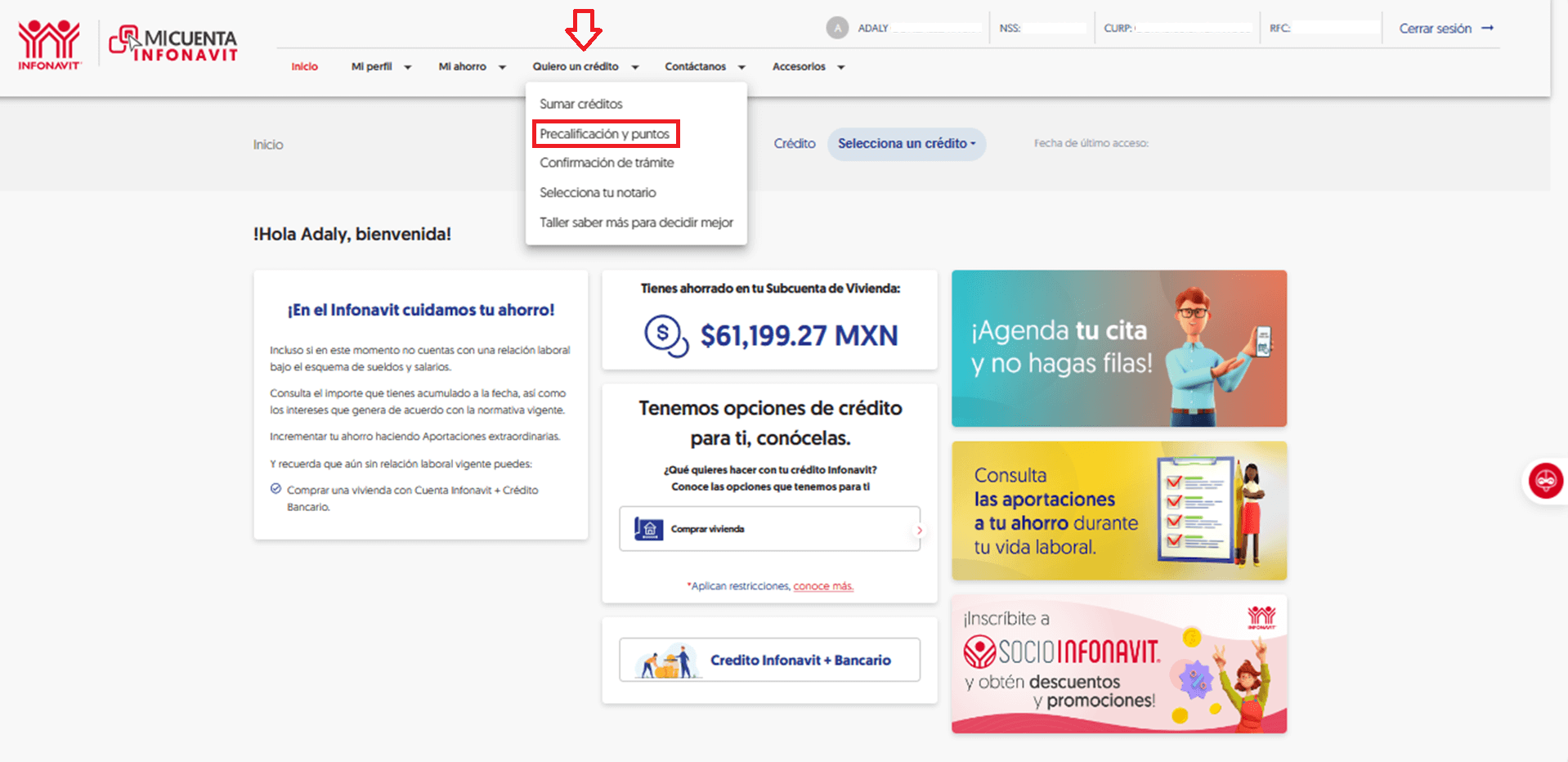 Selecciona la opción de precalifica tus puntos Infonavit