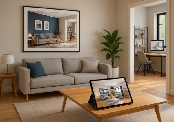 Sala moderna con sofá gris y mesa de centro de madera clara, mostrando en una tablet una simulación 3D del mismo espacio. Al fondo, una oficina minimalista con escritorio y pantalla encendida.