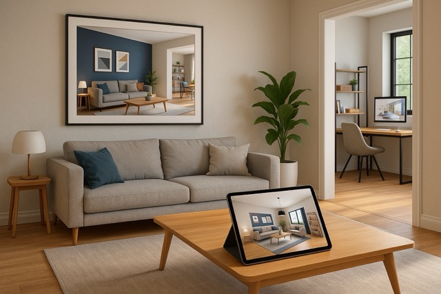 Sala moderna con sofá gris y mesa de centro de madera clara, mostrando en una tablet una simulación 3D del mismo espacio. Al fondo, una oficina minimalista con escritorio y pantalla encendida.