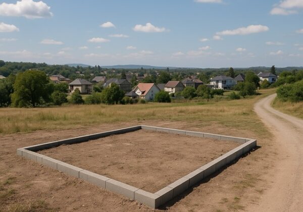 Terreno delimitado con bloques de concreto en un paisaje abierto, con camino de terracería y casas al fondo bajo un cielo despejado.