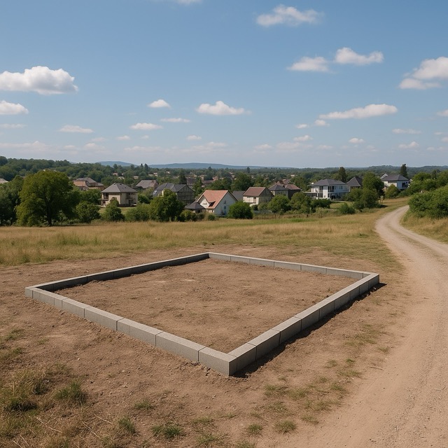 Terreno delimitado con bloques de concreto en un paisaje abierto, con camino de terracería y casas al fondo bajo un cielo despejado.