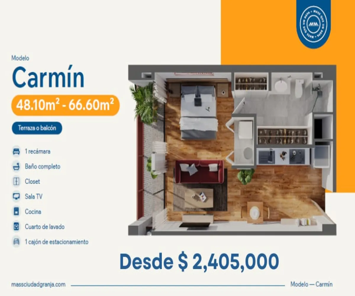 Departamento En PreVenta,Ciudad Granja,Calzada de las palmas 181, Zapopan, Jalisco 45010, 1 Cuarto,1 Baño,MASS,Calzada de las palmas,6,723209