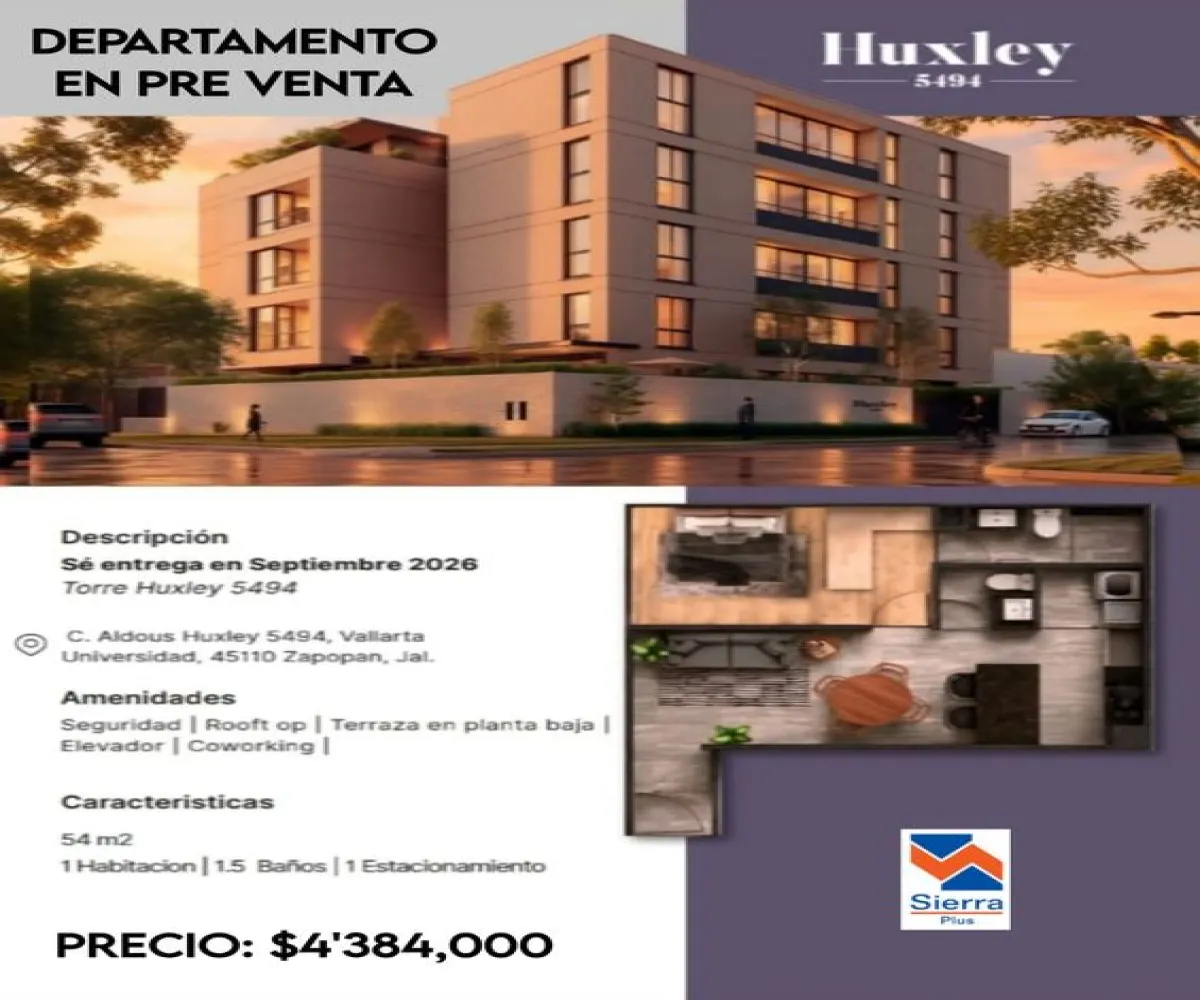 Departamento En Venta,Vallarta Universidad,Calle Aldous Huxley 5494, Zapopan, Jalisco 45110, 1 Cuarto,1 Baño,Calle Aldous Huxley,1,pC7UkCo